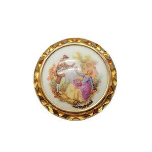 Limoge Victorian Couple Courting Nature Scene Hand Painted Porcelain Pin Brooch